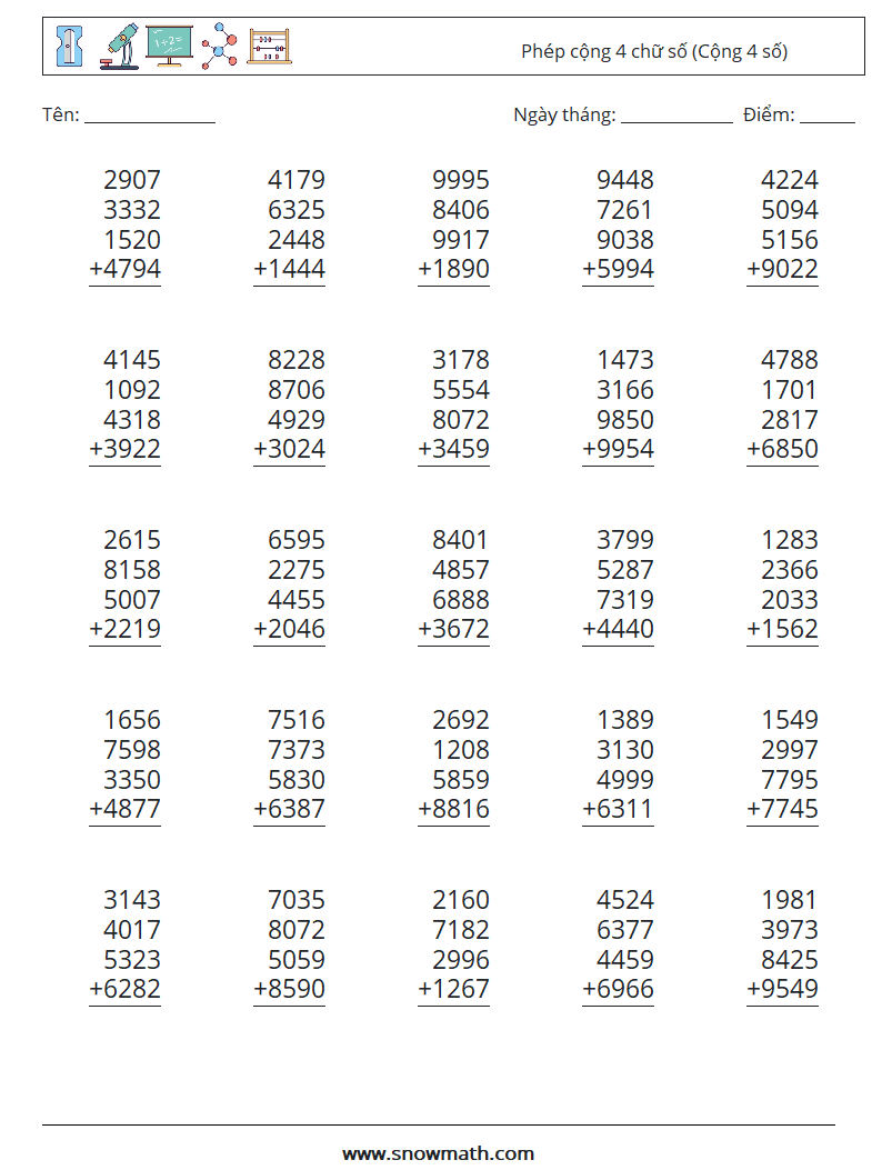 (25) Phép cộng 4 chữ số (Cộng 4 số) Bảng tính toán học 6