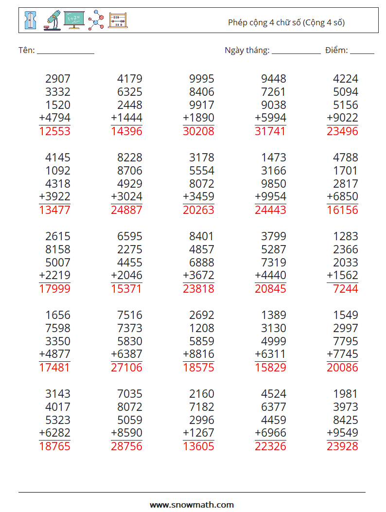 (25) Phép cộng 4 chữ số (Cộng 4 số) Bảng tính toán học 6 Câu hỏi, câu trả lời