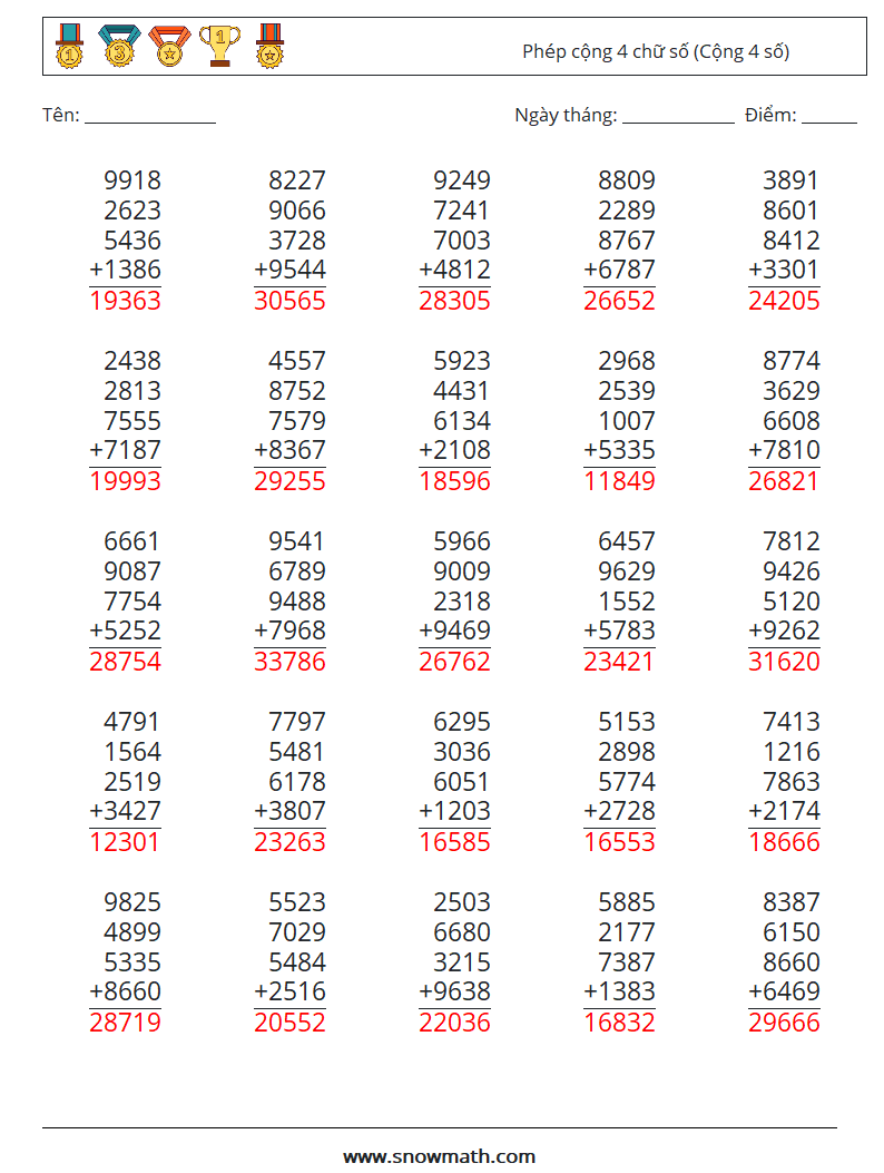 (25) Phép cộng 4 chữ số (Cộng 4 số) Bảng tính toán học 9 Câu hỏi, câu trả lời