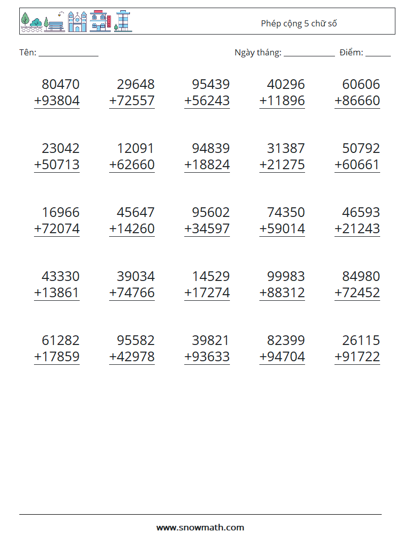 (25) Phép cộng 5 chữ số Bảng tính toán học 10