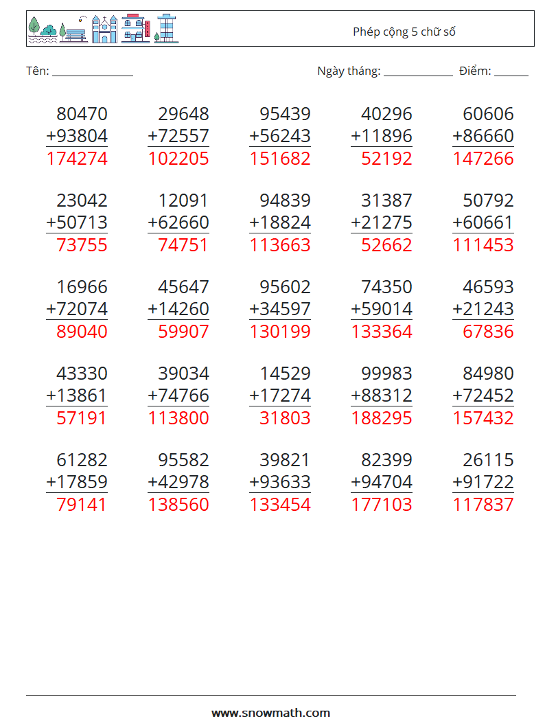 (25) Phép cộng 5 chữ số Bảng tính toán học 10 Câu hỏi, câu trả lời