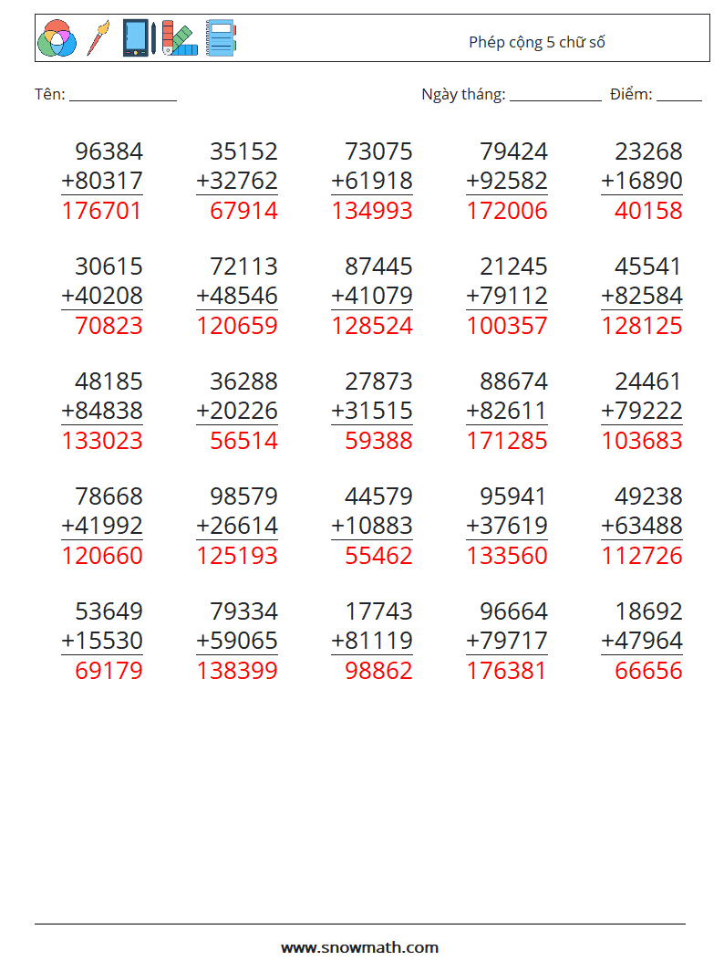 (25) Phép cộng 5 chữ số Bảng tính toán học 6 Câu hỏi, câu trả lời