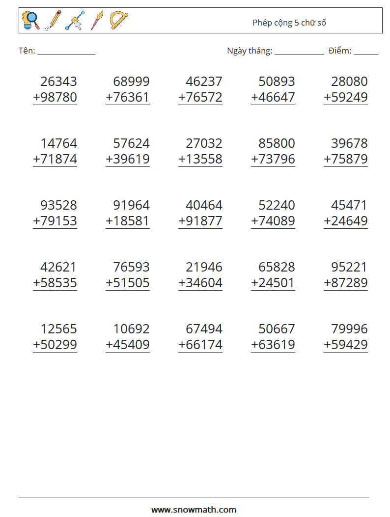 (25) Phép cộng 5 chữ số Bảng tính toán học 7