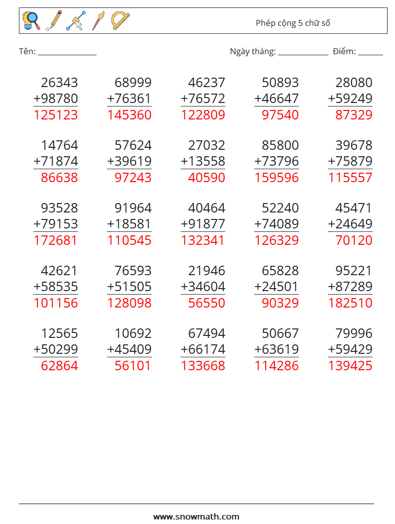 (25) Phép cộng 5 chữ số Bảng tính toán học 7 Câu hỏi, câu trả lời