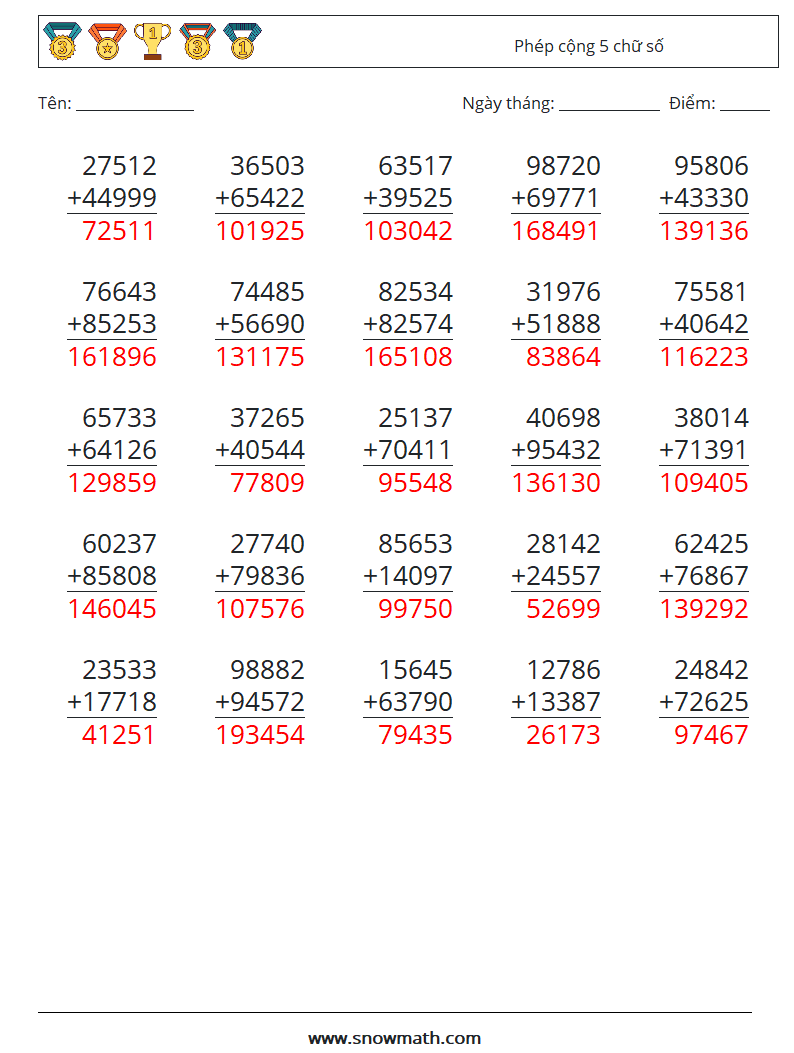 (25) Phép cộng 5 chữ số Bảng tính toán học 9 Câu hỏi, câu trả lời