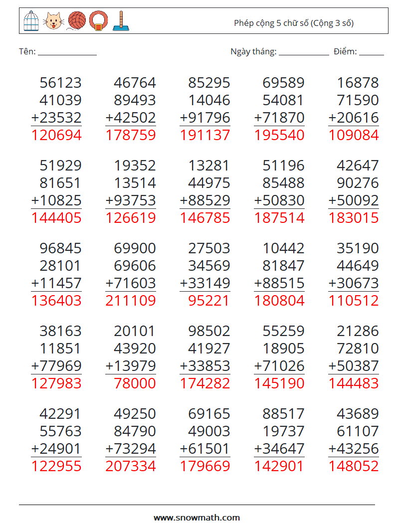 (25) Phép cộng 5 chữ số (Cộng 3 số) Bảng tính toán học 13 Câu hỏi, câu trả lời