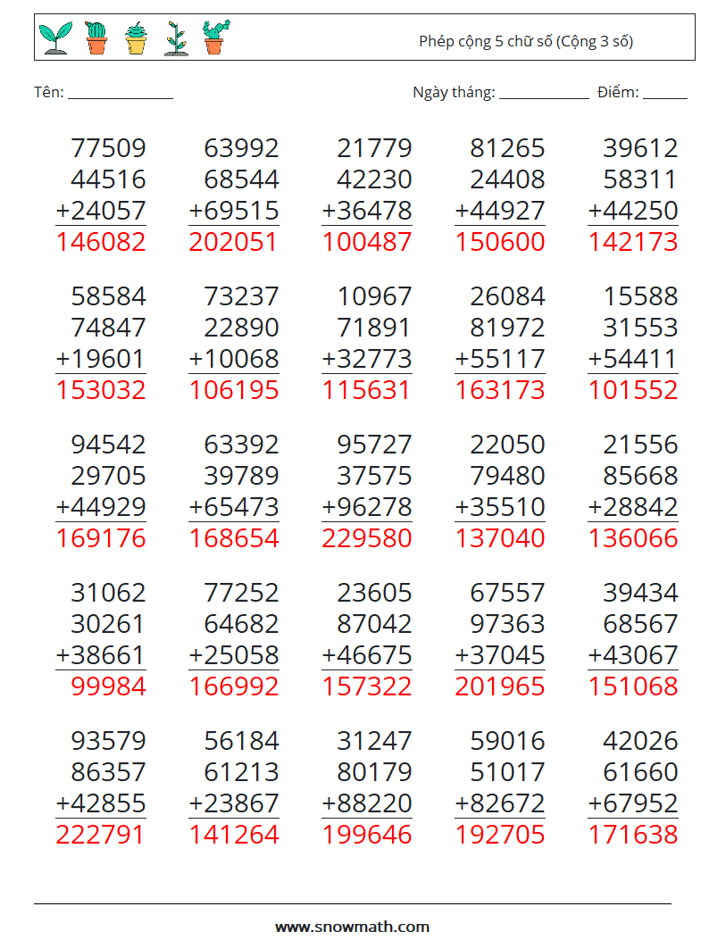 (25) Phép cộng 5 chữ số (Cộng 3 số) Bảng tính toán học 18 Câu hỏi, câu trả lời