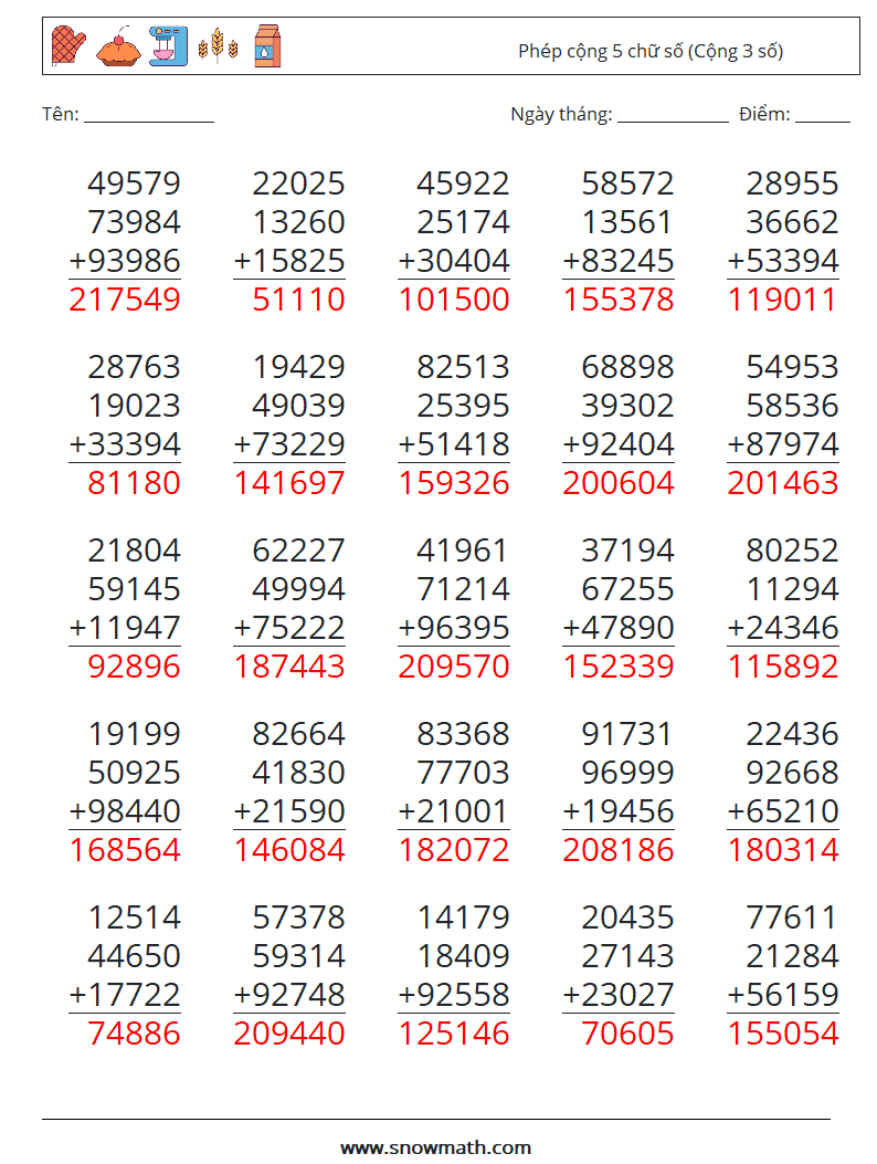 (25) Phép cộng 5 chữ số (Cộng 3 số) Bảng tính toán học 1 Câu hỏi, câu trả lời
