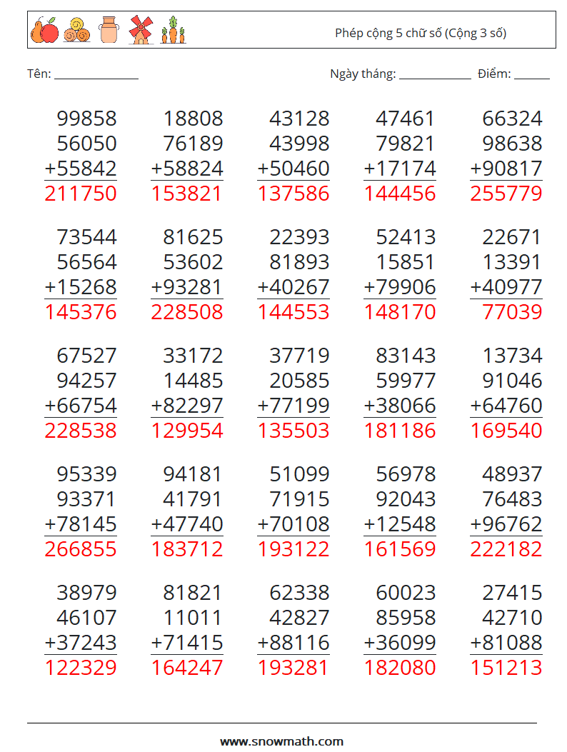 (25) Phép cộng 5 chữ số (Cộng 3 số) Bảng tính toán học 2 Câu hỏi, câu trả lời