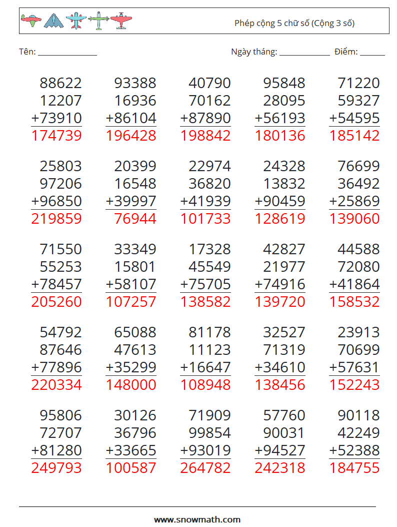 (25) Phép cộng 5 chữ số (Cộng 3 số) Bảng tính toán học 3 Câu hỏi, câu trả lời