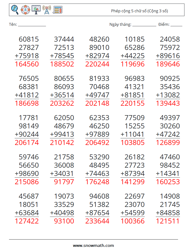 (25) Phép cộng 5 chữ số (Cộng 3 số) Bảng tính toán học 4 Câu hỏi, câu trả lời