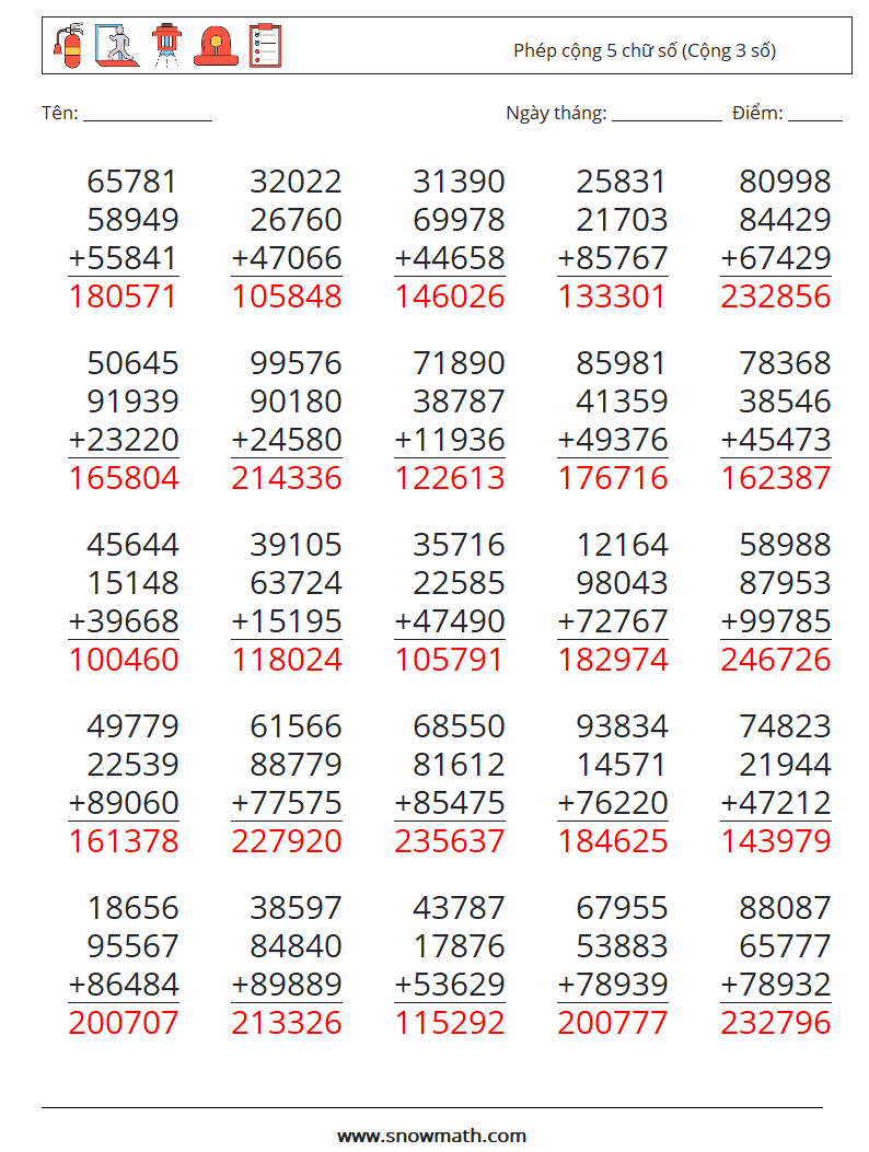 (25) Phép cộng 5 chữ số (Cộng 3 số) Bảng tính toán học 6 Câu hỏi, câu trả lời
