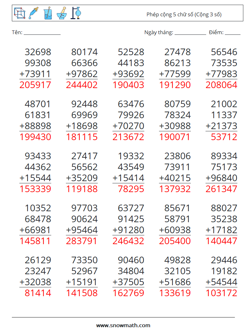 (25) Phép cộng 5 chữ số (Cộng 3 số) Bảng tính toán học 7 Câu hỏi, câu trả lời