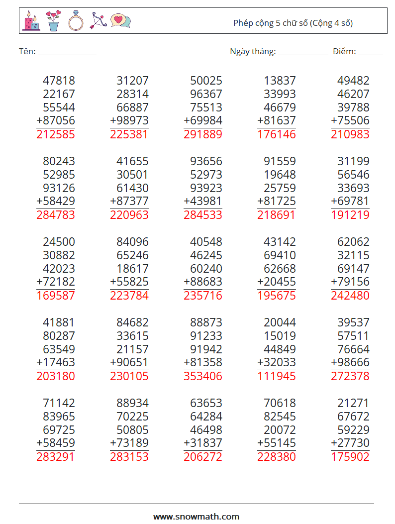 (25) Phép cộng 5 chữ số (Cộng 4 số) Bảng tính toán học 13 Câu hỏi, câu trả lời