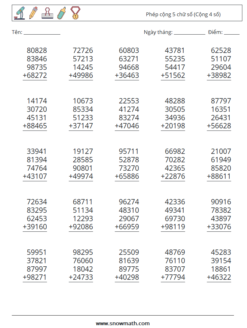 (25) Phép cộng 5 chữ số (Cộng 4 số) Bảng tính toán học 15