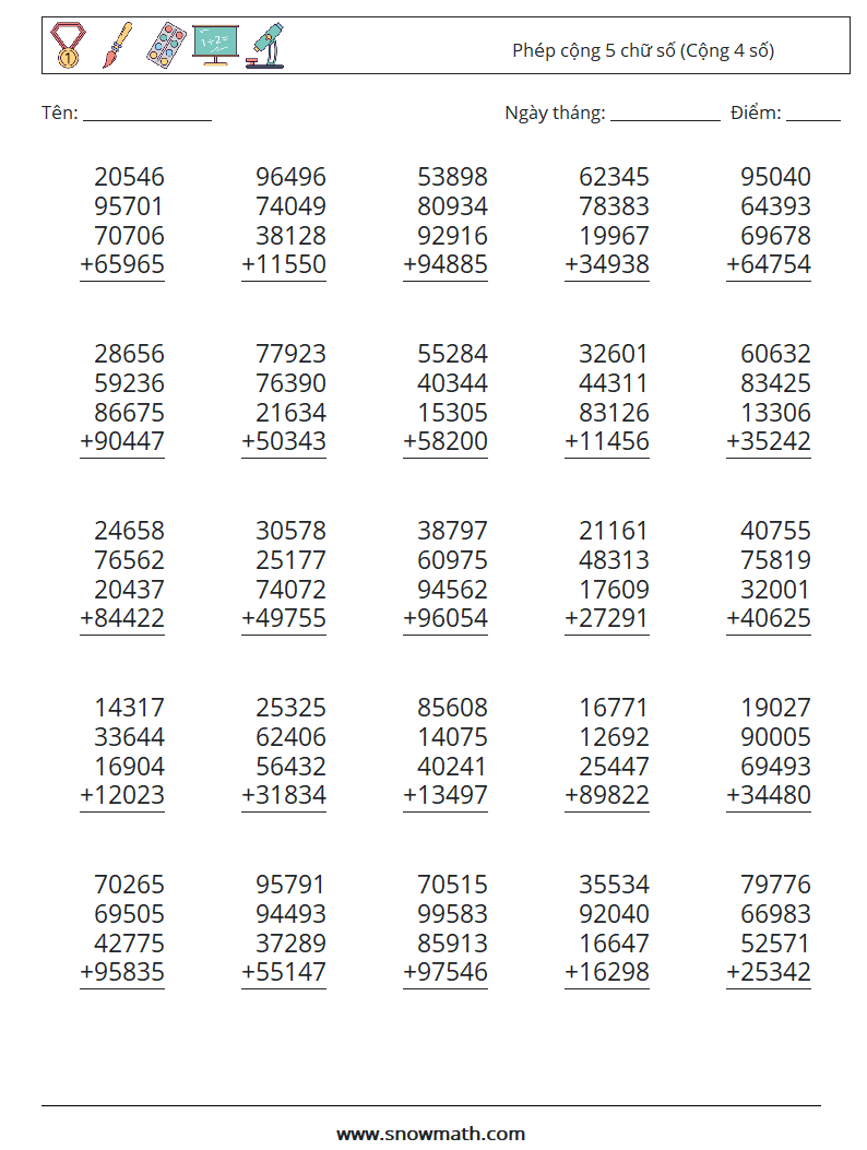 (25) Phép cộng 5 chữ số (Cộng 4 số) Bảng tính toán học 17