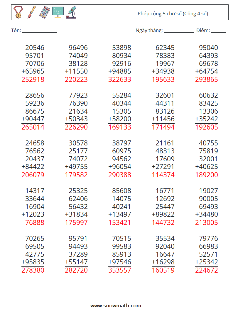 (25) Phép cộng 5 chữ số (Cộng 4 số) Bảng tính toán học 17 Câu hỏi, câu trả lời