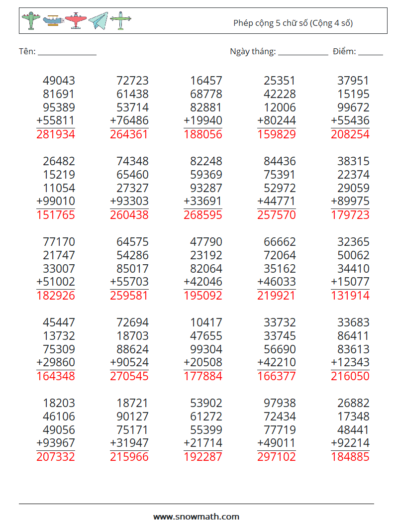 (25) Phép cộng 5 chữ số (Cộng 4 số) Bảng tính toán học 2 Câu hỏi, câu trả lời