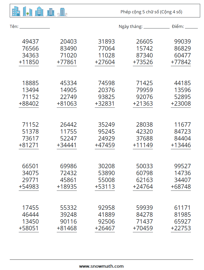 (25) Phép cộng 5 chữ số (Cộng 4 số) Bảng tính toán học 3