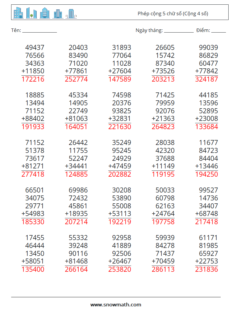 (25) Phép cộng 5 chữ số (Cộng 4 số) Bảng tính toán học 3 Câu hỏi, câu trả lời