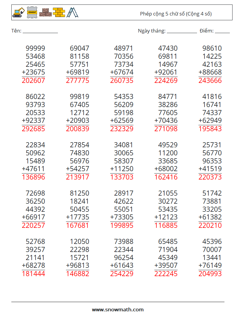 (25) Phép cộng 5 chữ số (Cộng 4 số) Bảng tính toán học 4 Câu hỏi, câu trả lời