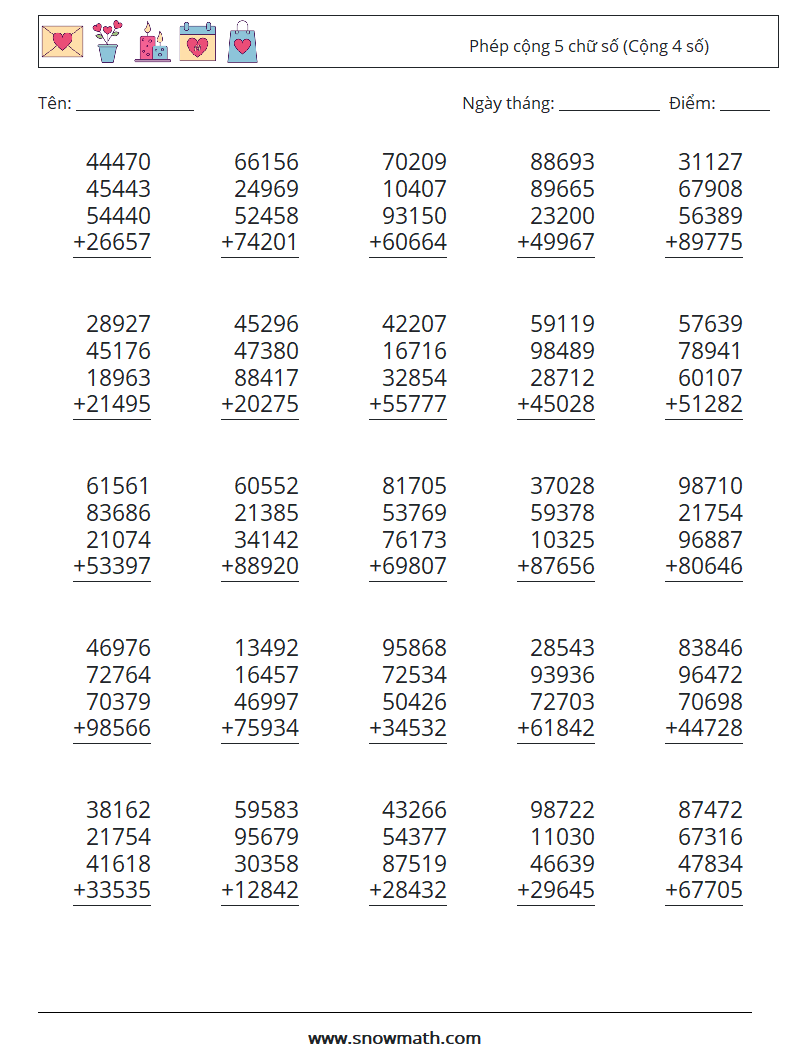 (25) Phép cộng 5 chữ số (Cộng 4 số) Bảng tính toán học 5