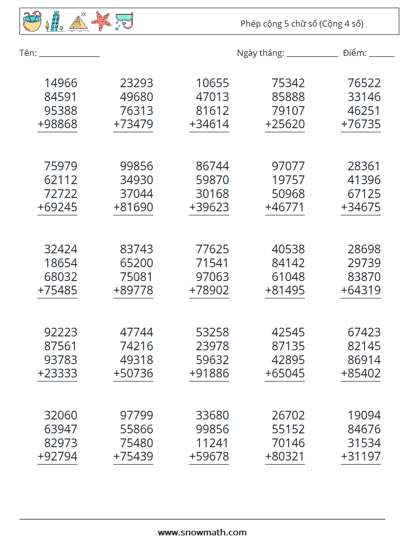 (25) Phép cộng 5 chữ số (Cộng 4 số) Bảng tính toán học 6