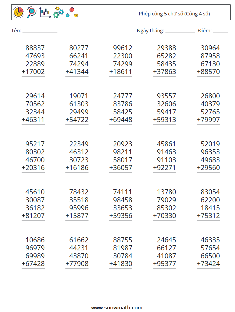 (25) Phép cộng 5 chữ số (Cộng 4 số) Bảng tính toán học 8