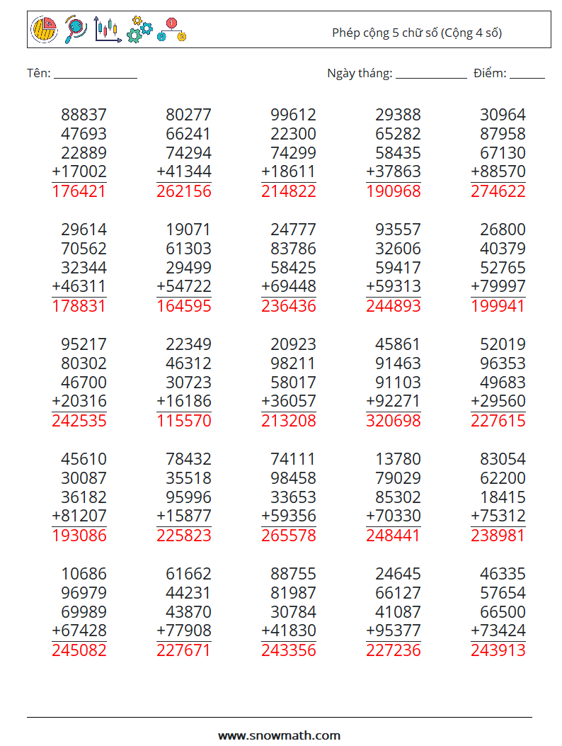 (25) Phép cộng 5 chữ số (Cộng 4 số) Bảng tính toán học 8 Câu hỏi, câu trả lời