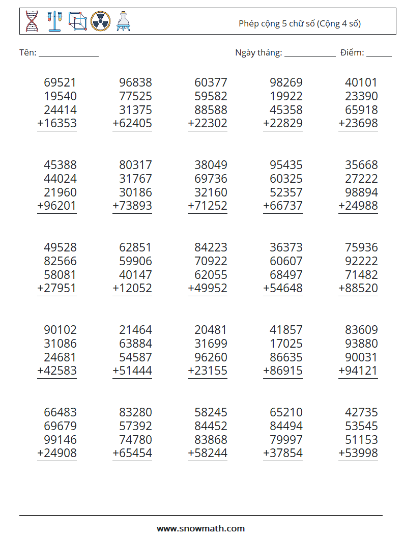 (25) Phép cộng 5 chữ số (Cộng 4 số) Bảng tính toán học 9