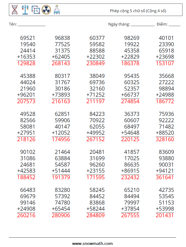 (25) Phép cộng 5 chữ số (Cộng 4 số) Bảng tính toán học 9 Câu hỏi, câu trả lời