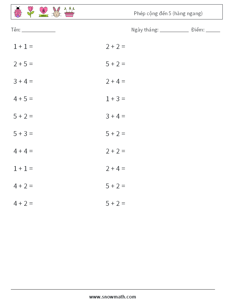 (20) Phép cộng đến 5 (hàng ngang)