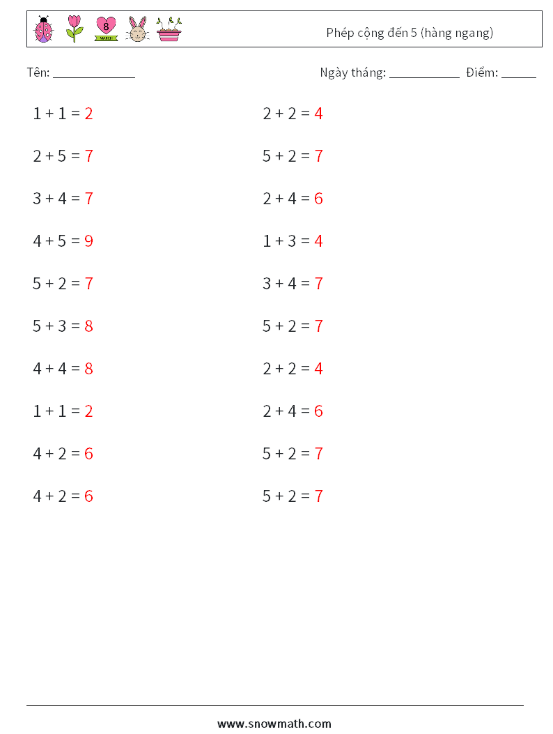 (20) Phép cộng đến 5 (hàng ngang) Bảng tính toán học 1 Câu hỏi, câu trả lời