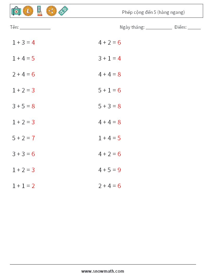(20) Phép cộng đến 5 (hàng ngang) Bảng tính toán học 2 Câu hỏi, câu trả lời
