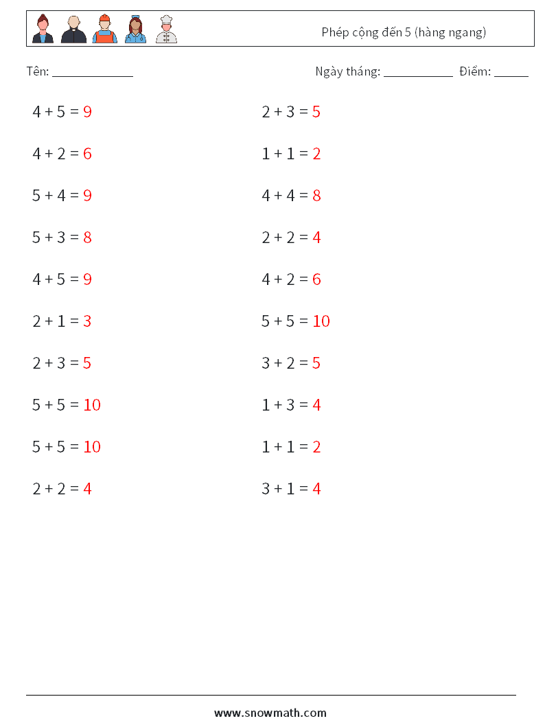(20) Phép cộng đến 5 (hàng ngang) Bảng tính toán học 3 Câu hỏi, câu trả lời
