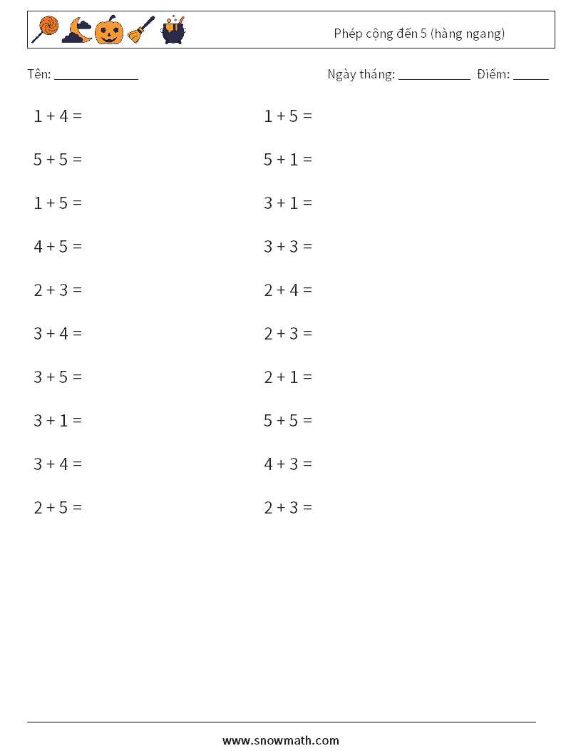 (20) Phép cộng đến 5 (hàng ngang) Bảng tính toán học 4