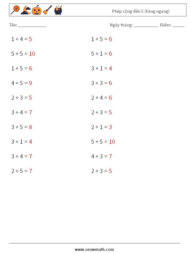 (20) Phép cộng đến 5 (hàng ngang) Bảng tính toán học 4 Câu hỏi, câu trả lời
