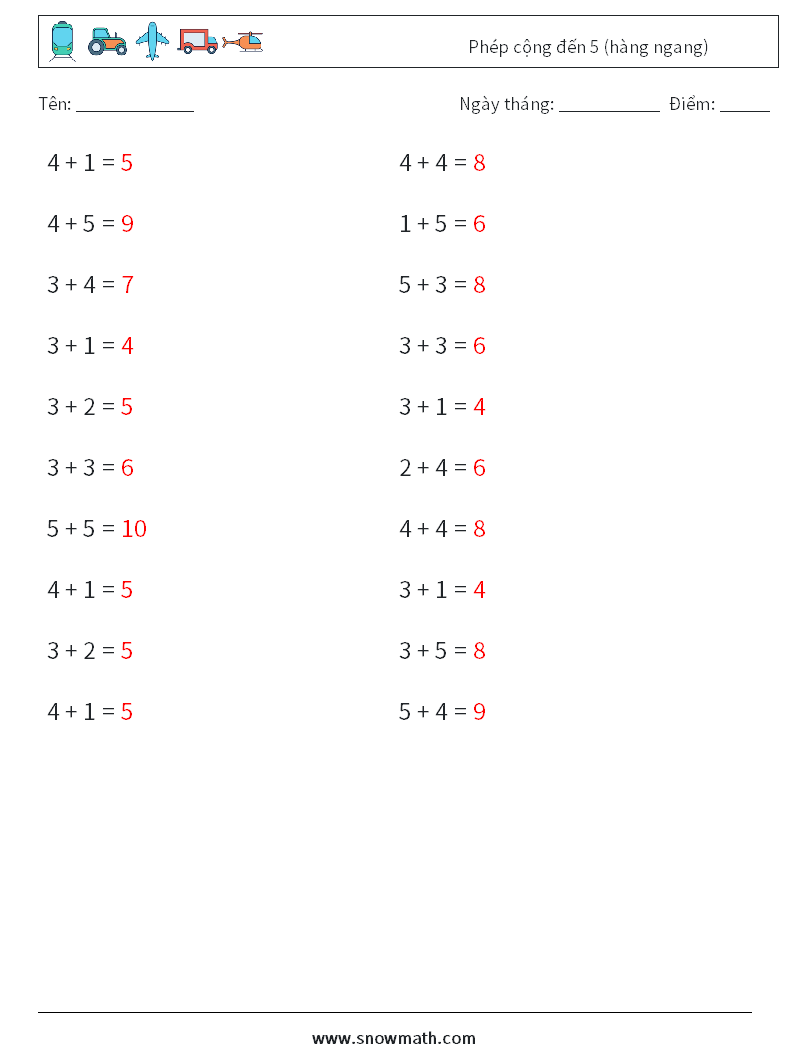 (20) Phép cộng đến 5 (hàng ngang) Bảng tính toán học 5 Câu hỏi, câu trả lời