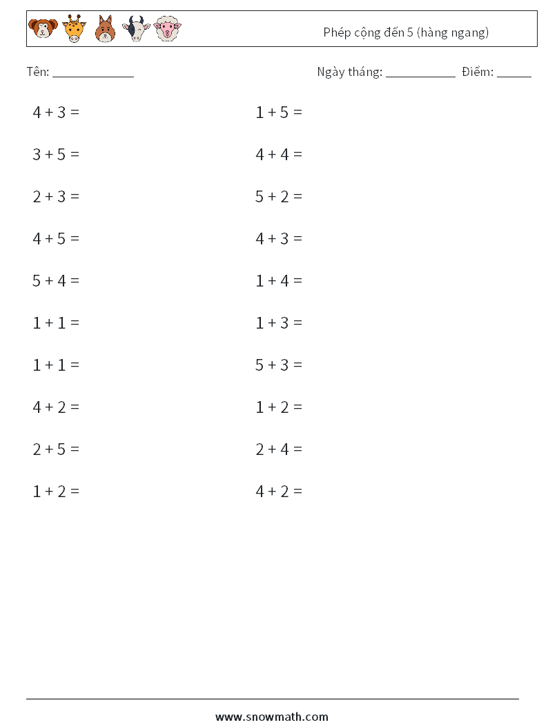(20) Phép cộng đến 5 (hàng ngang) Bảng tính toán học 6