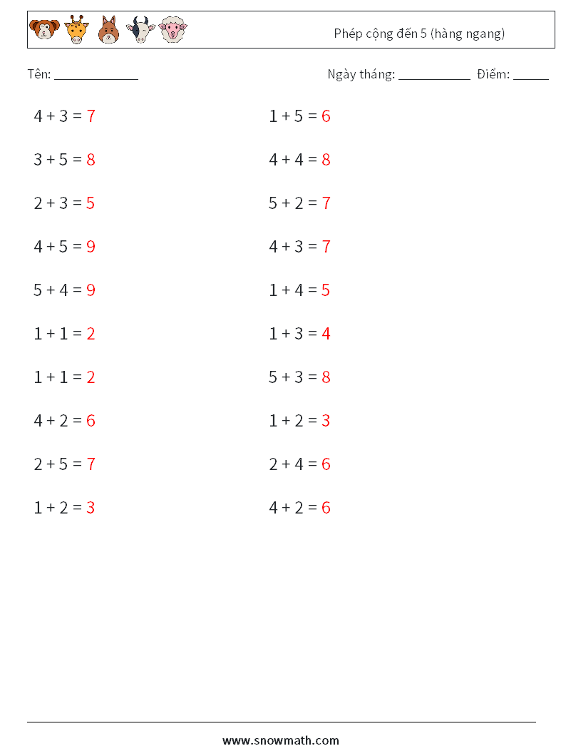 (20) Phép cộng đến 5 (hàng ngang) Bảng tính toán học 6 Câu hỏi, câu trả lời