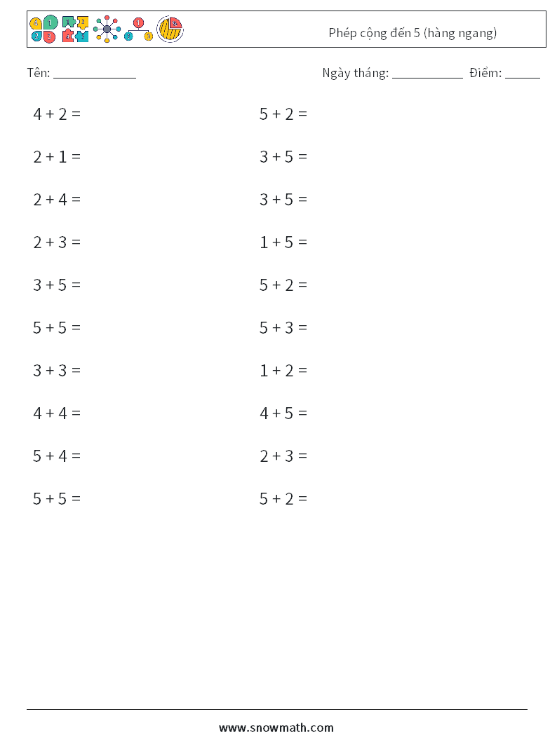 (20) Phép cộng đến 5 (hàng ngang) Bảng tính toán học 7