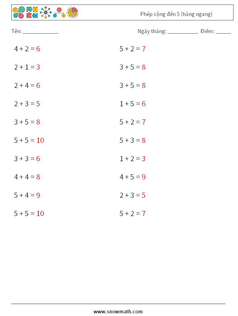 (20) Phép cộng đến 5 (hàng ngang) Bảng tính toán học 7 Câu hỏi, câu trả lời