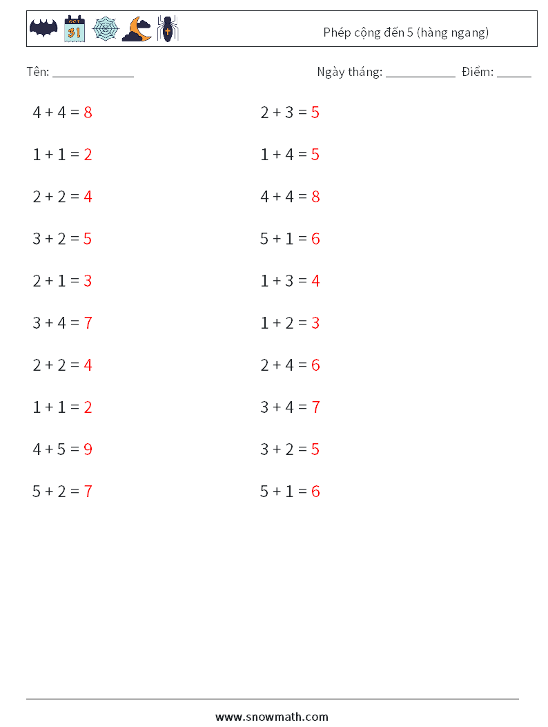 (20) Phép cộng đến 5 (hàng ngang) Bảng tính toán học 8 Câu hỏi, câu trả lời