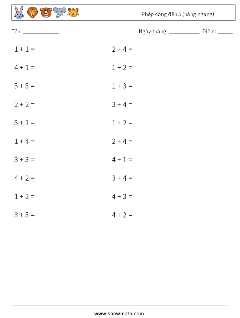 (20) Phép cộng đến 5 (hàng ngang) Bảng tính toán học 9