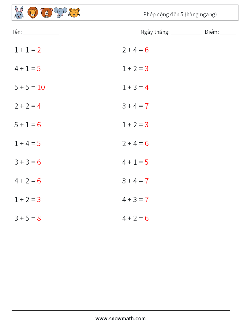 (20) Phép cộng đến 5 (hàng ngang) Bảng tính toán học 9 Câu hỏi, câu trả lời