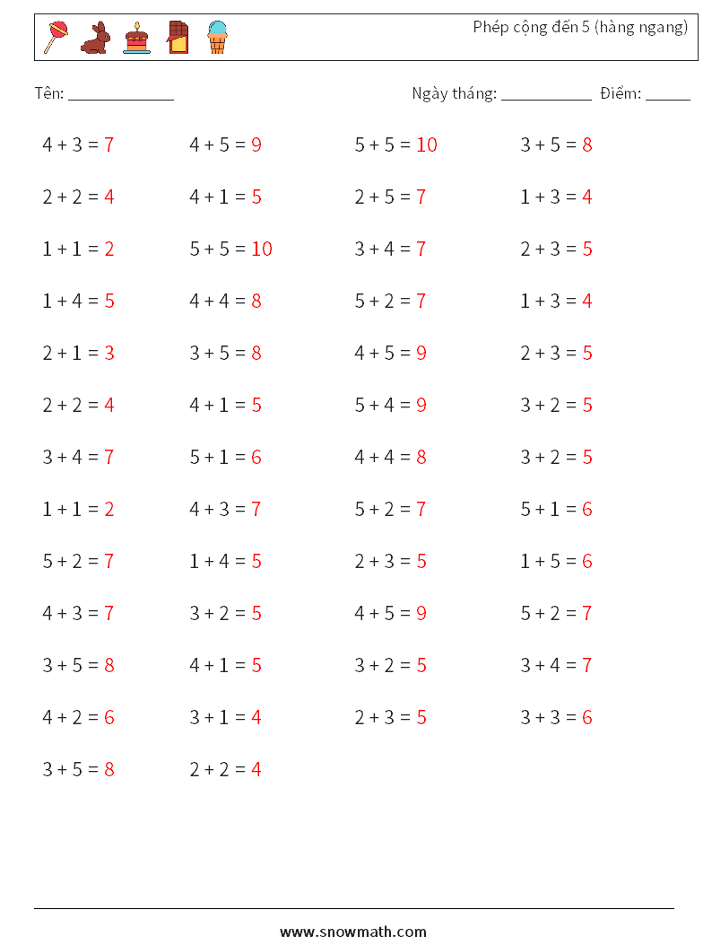 (50) Phép cộng đến 5 (hàng ngang) Bảng tính toán học 4 Câu hỏi, câu trả lời