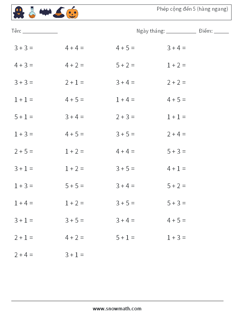 (50) Phép cộng đến 5 (hàng ngang) Bảng tính toán học 9
