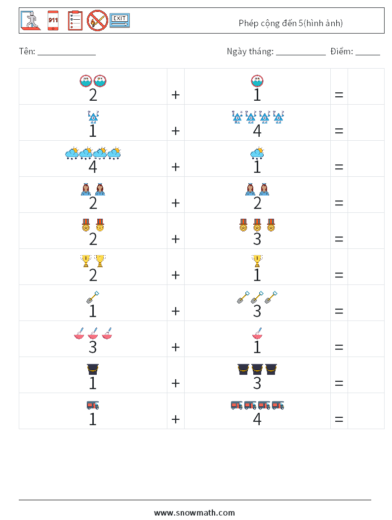 Phép cộng đến 5(hình ảnh) Bảng tính toán học 1