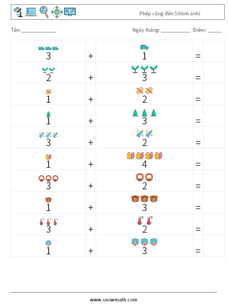 Phép cộng đến 5(hình ảnh) Bảng tính toán học 10