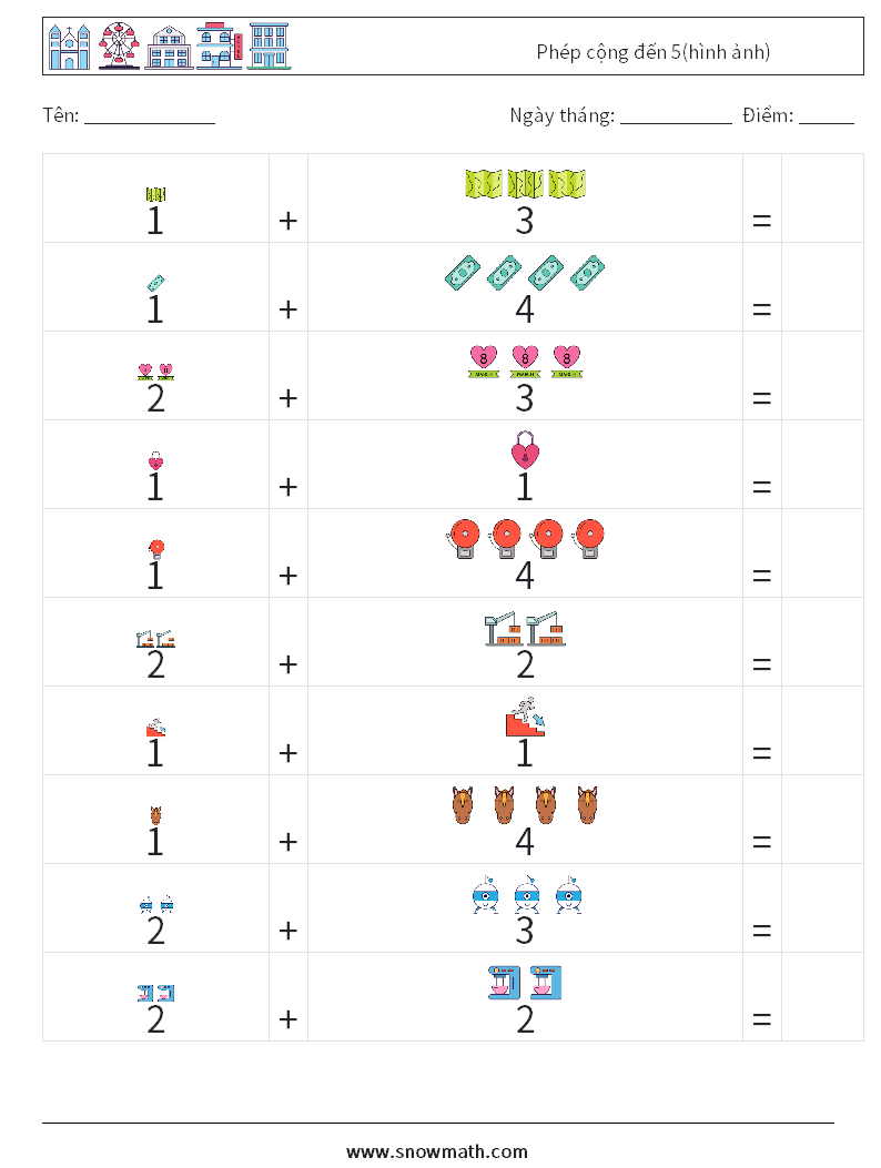 Phép cộng đến 5(hình ảnh) Bảng tính toán học 13